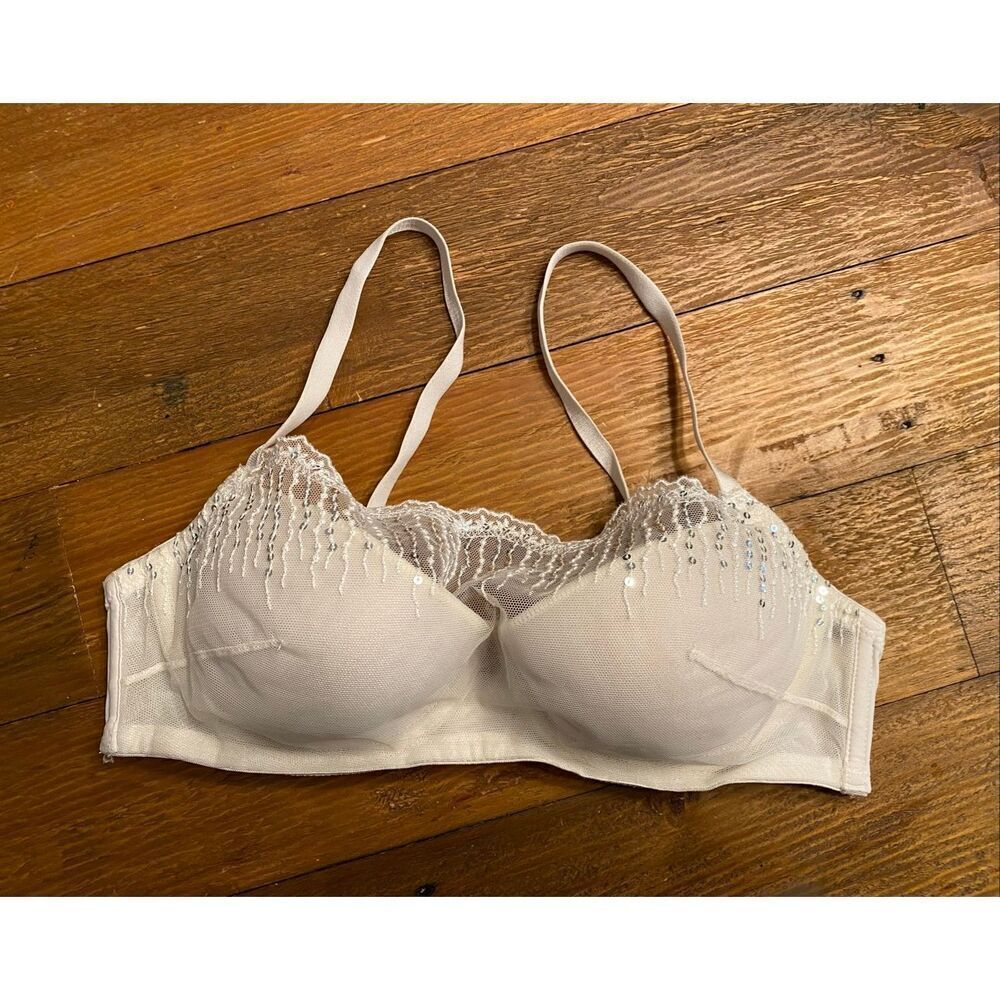 Natori Private Luxuries 34B lingerie bra white glitter sequins lace